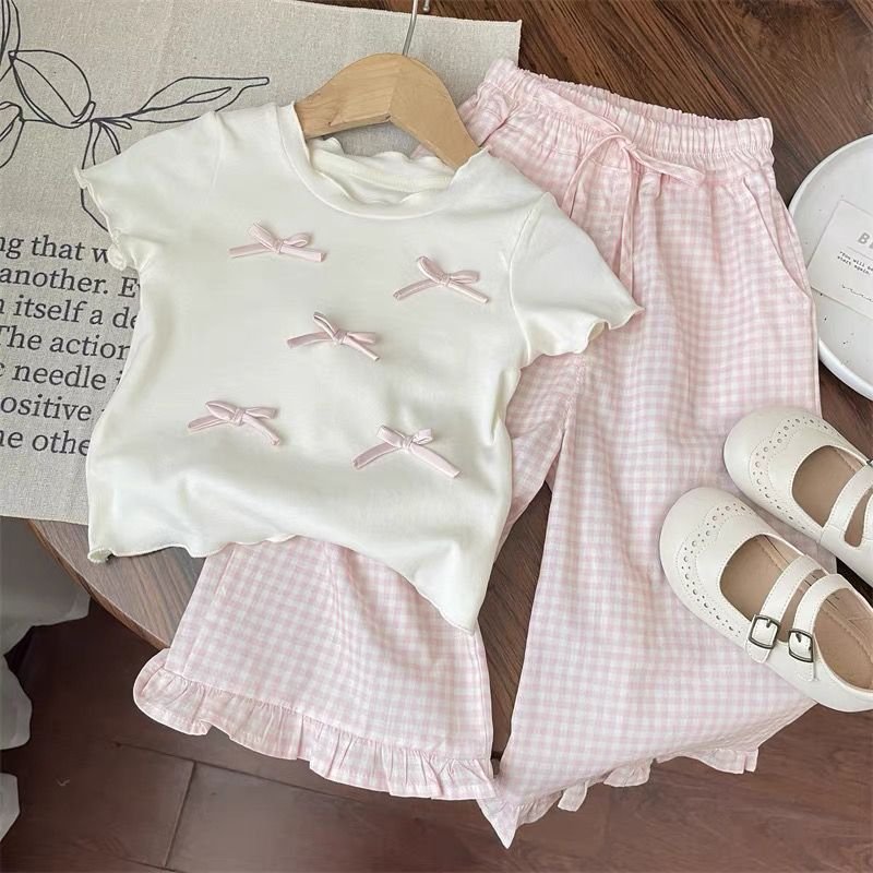 Summer New Sweet Princess Style Suit Bow Short Sleeve Pink Plaid Flared Wide Leg Pants Ruffles Two Piece Suit