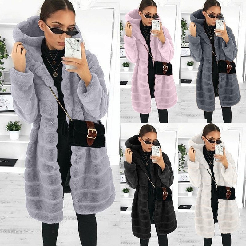 Women's Clothing autumn and winter solid color plush hooded mid length coat for women W137