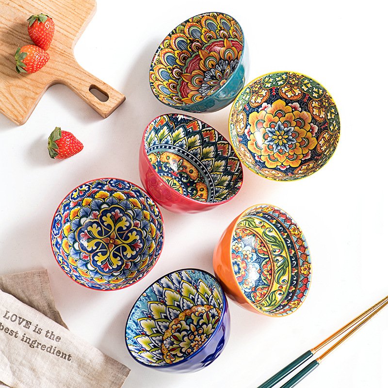 Bohemian Ceramic Soup Bowl Set 6 Piece Hand Painted Under Glaze Dinnerware Microwave Dishwasher Safe 32oz Large Noodle Bowls