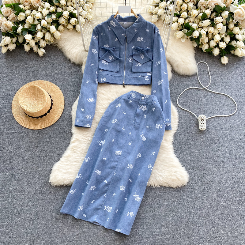 Women's Clothing Early Spring New Denim Suit Women's Design Printed Short Cardigan All-match Skirt Fashion Two-piece Suit
