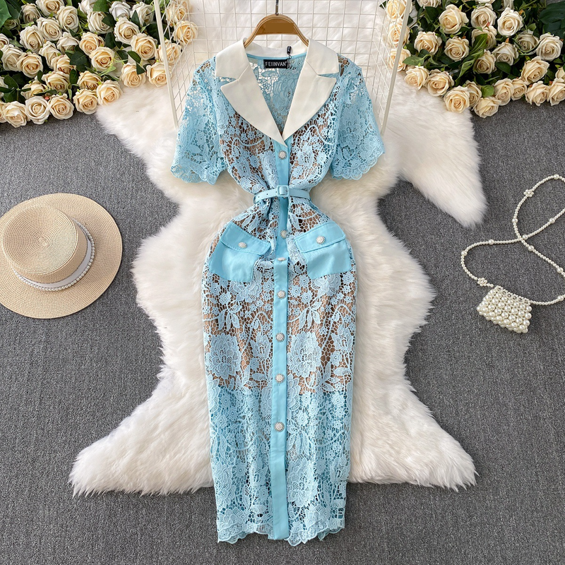 Women's Clothing Elegant Petite Suit Collar Dress Single Breasted Slim Fit Long Skirt