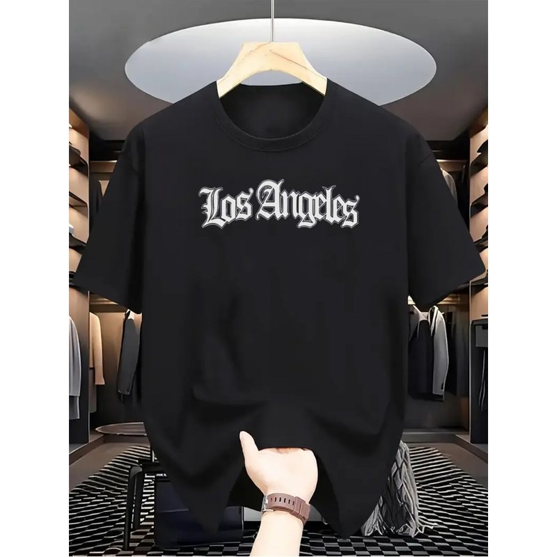 100% Pure Cotton Men's Summer Fashion Short Sleeved Los Angeles Letter Printed Casual Slim Fit Versatile T-shirt Top