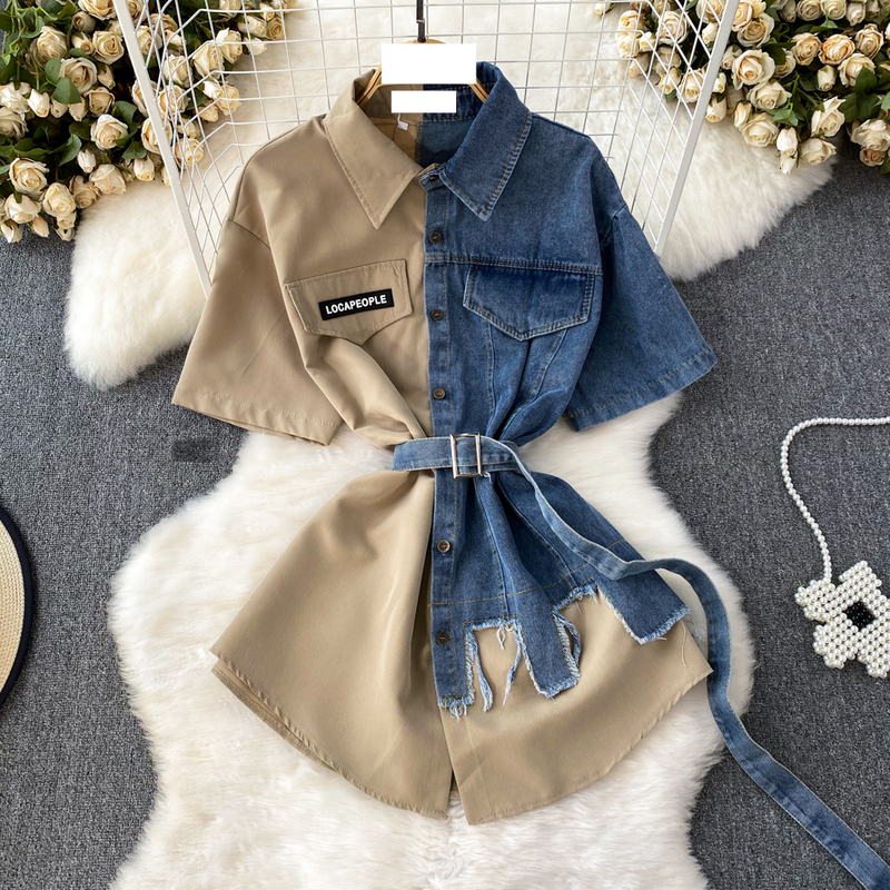 Women's lapel waist slimming A-line single-breasted shirt denim dress women's medium-length irregular T-shirt skirt