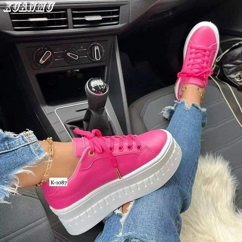 Fashion New Women Casual Shoes Lace-up Leather Casual Shoes Thick Heel Flat Vulcanize Sneaker Shoes Zapatillas Mujer A0087