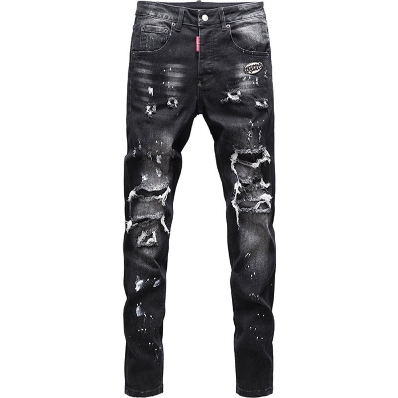 Luxury Ripped Patch Jeans For Men Slim Fit Skinny High Waist Elastic Casual Trousers Nostalgic Washed