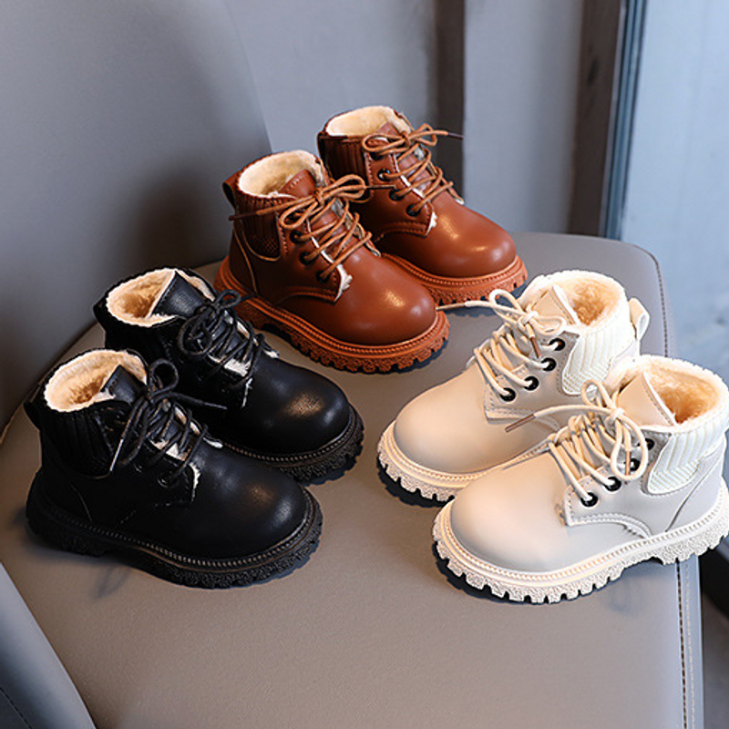 Children's boots Winter solid color plus fleece ankle boots Boys fashion girls soft-soled boots Large cotton leather boots
