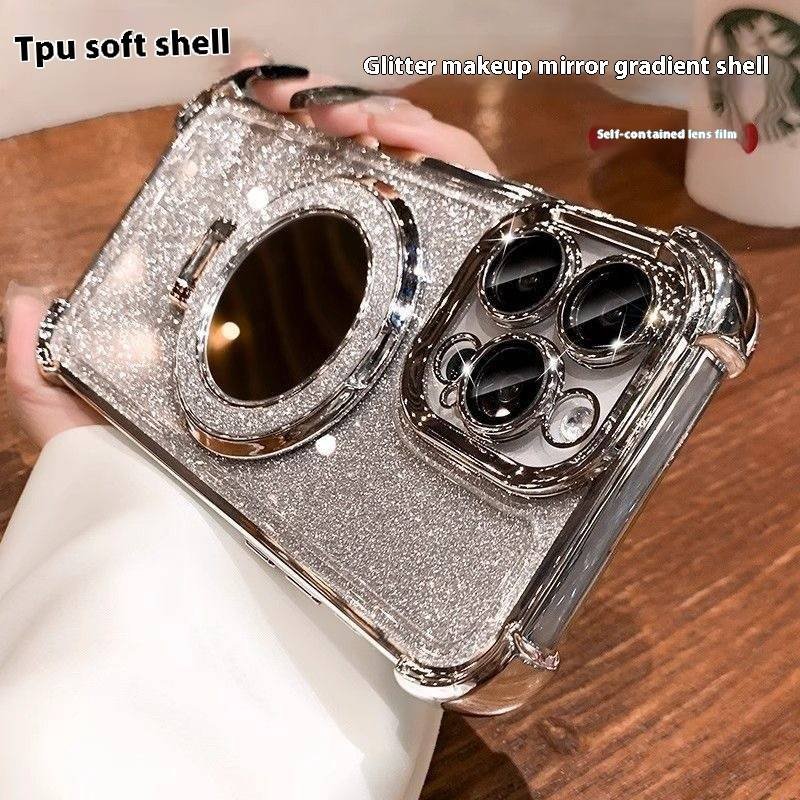 Glitter Mirror Magnetic Stand Case For IPhone 15/14 - Transparent Soft TPU With Reinforced Corners & Electroplated Finish