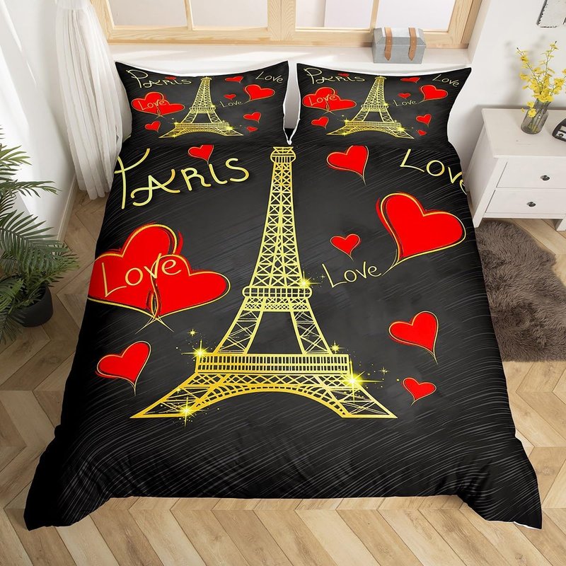 Girls Eiffel Tower Comforter Cover Chic Paris Theme Bedding Set Cute Red Heart Duvet Cover For Kids Women Luxury Golden Black French Style Bedspread