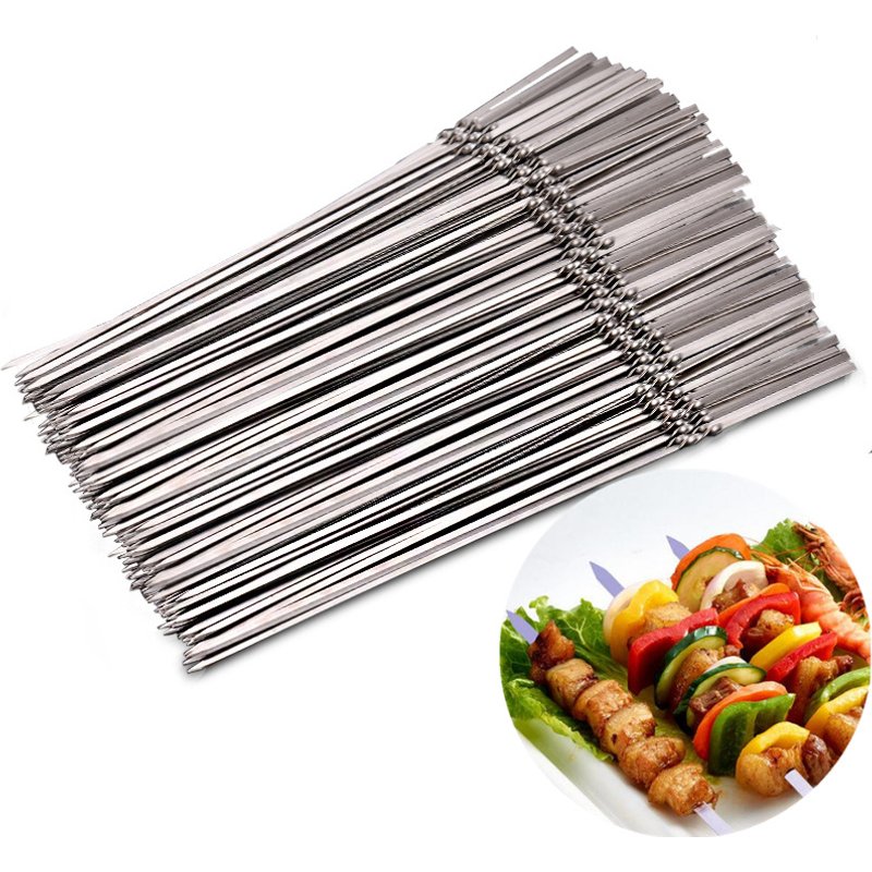 Stainless Steel Barbecue Skewer Storage Tube Reusable Grill Sticks Flat BBQ Fork BBQ Utensil Kitchen Outdoor Camping Accessories