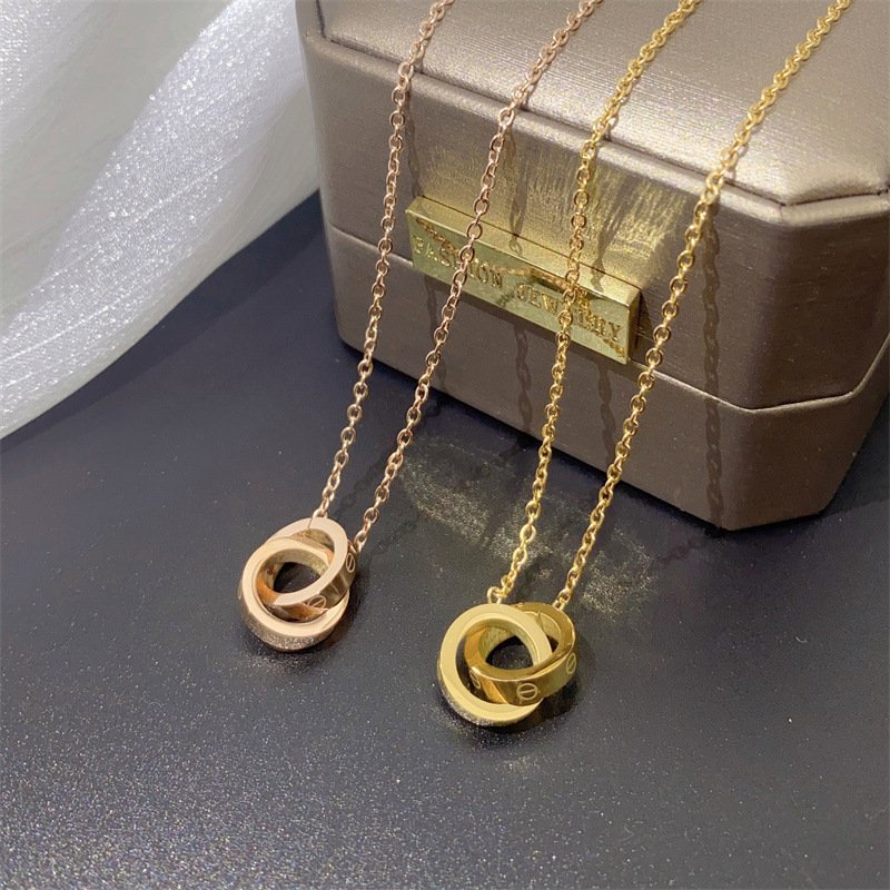 Double Ring Trendy Sweet Sexy Gold Color Stainless Steel Necklaces For Women Korean Fashion Female Pendant Clavicle Chain Jewelry