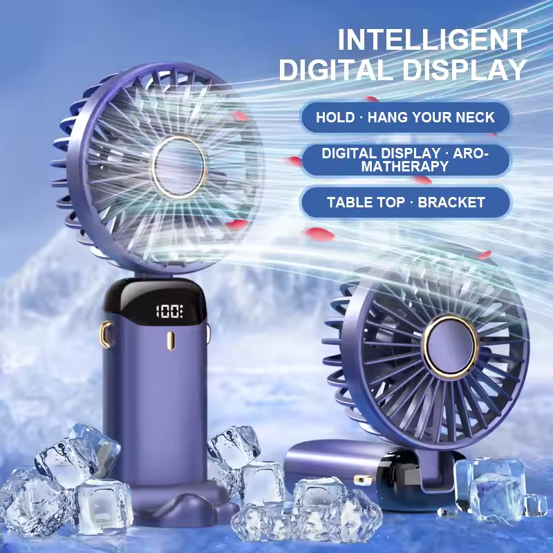 USB Handheld Mini Fan Foldable Portable Neck Hanging Fans 5 Speed USB Rechargeable Fan With Phone Stand And Display Screen
