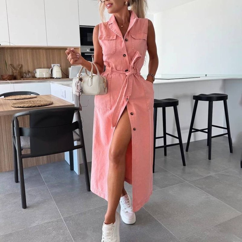 Women's Clothing New Sleeveless Long Tie Waist Single Breasted Denim Dress