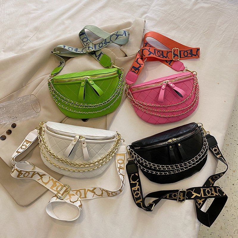 Fashion waist bag 2024 summr nw chain singl crossbody, womn's chst bag, wid shouldr strap, mobil phon coin