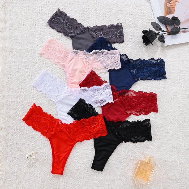 Women's clothing large size sexy seamless thong sexy see-through mid-waist women's underwear hollow lace women's underwear