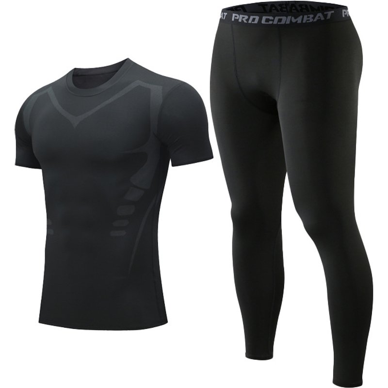 Men's summer sports fitness suit quick drying tight stretch running basketball training suit short sleeve shorts two sets