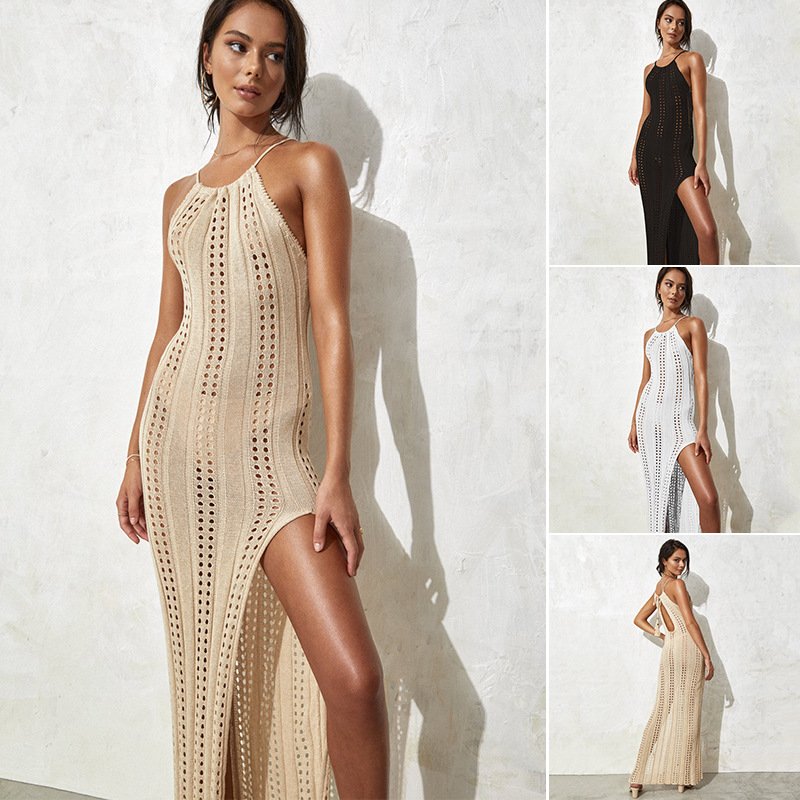 Women's suspender beach dress solid color sleeveless knitted hollow swimsuit holiday beach dress woman