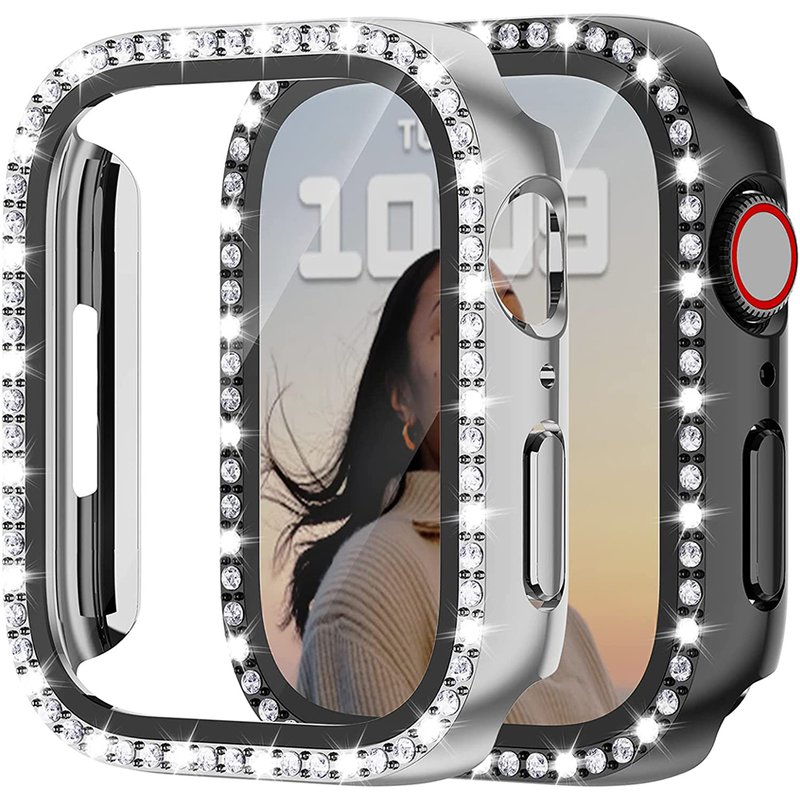 Glass+Watch Cover for Apple Watch 45mm 41mm 40mm 44mm 38mm 42mm Bling Case Diamond Bumper Protector for iwatchSE 8 7 6 5 4 3 2 1