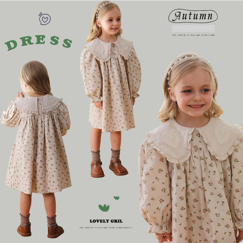 Mother & Kids Korean version lapel printed lace girl dress 2024 autumn new long sleeve sweet children's princess dress pure cotton