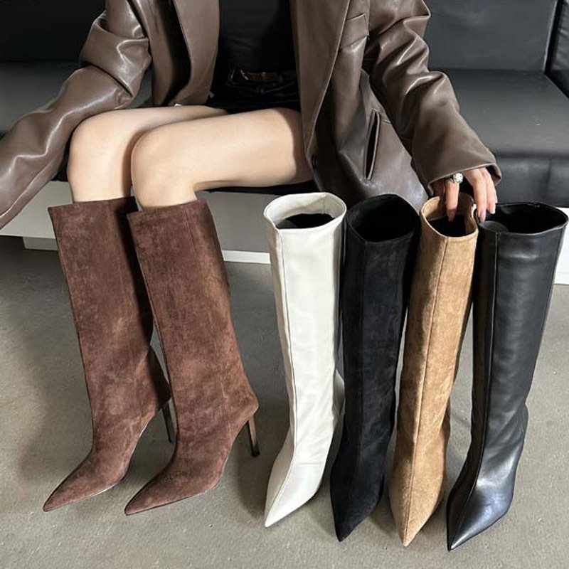 Women's Shoes Blogger Wears Ins Nordic Pointed Wide Tube Boots, Not Above The Knee High Cat Heel Knight Boots Fashion Boots For Women