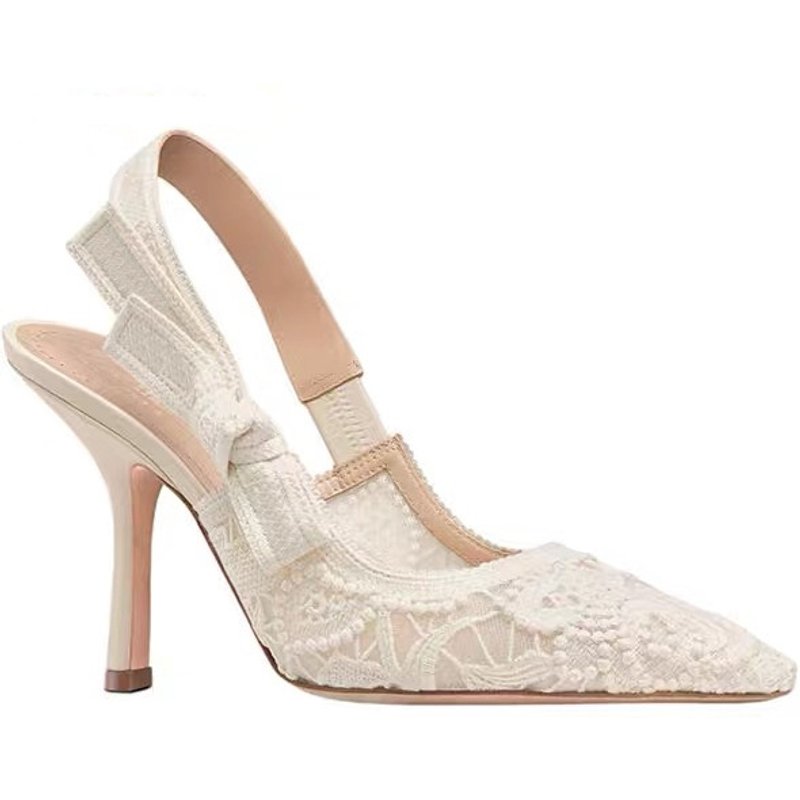 Lace Embroidered High Heel Baotou Sandals Women's Middle Heel Cat Heel