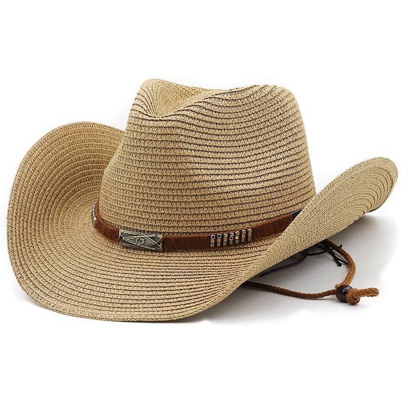 Classic Ethnic Style Belt Cowboy Straw Hat for Women and Men Summer Sunshade Hat with Curled Eaves Western Cowboy Straw Hat Sun Hat