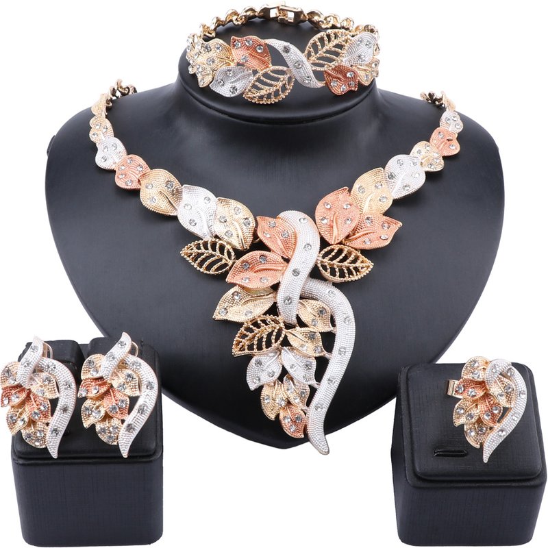 African Dubai Gold Jewelry Nigerian Crystal Necklace Earrings Ring Women Italian Bridal Accessories Jewelry Sets