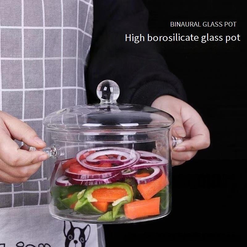 HeatMaster Borosilicate Glass Pot - Stovetop Safe Soup & Noodle Bowl With Handles (800ml, Flameproof, Microwave/Dishwasher Safe)