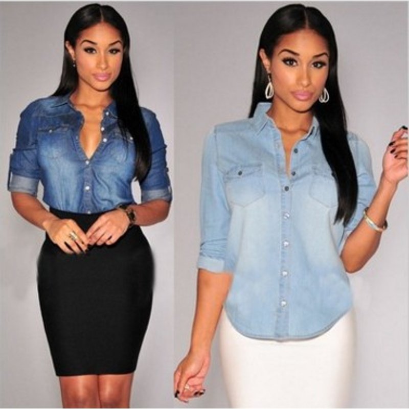 nostalgic retro washed women's long-sleeved denim shirt shirt