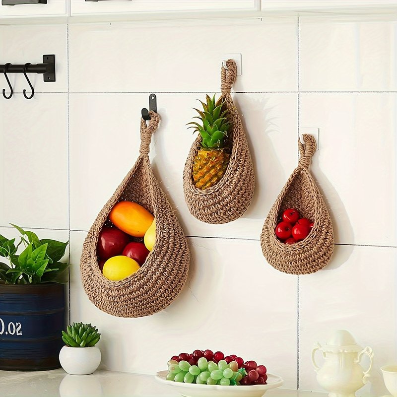 Boho Chic 3pcs Set Of Hand-Woven Cotton Rope & Linen Baskets With Hooks - Ideal For Hanging Fruits, Vegetables, And Plant Storage