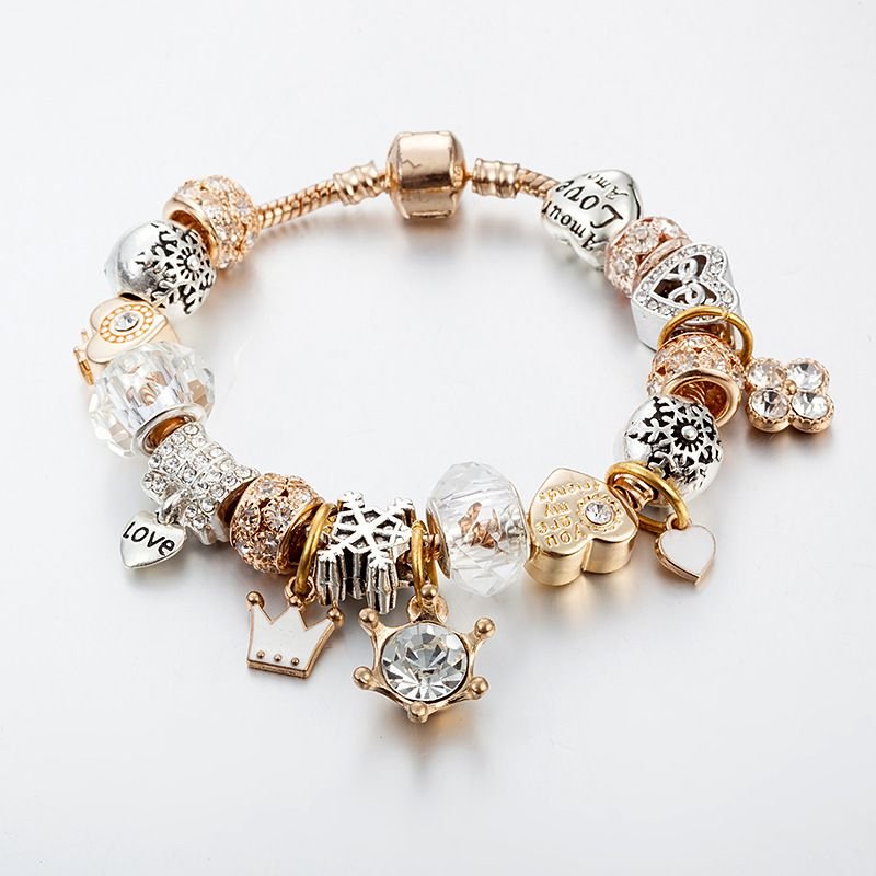 Pan Family's New Best-selg Crystal Beaded Bracelet Women's DIY Crown Love Snowflake Pendant