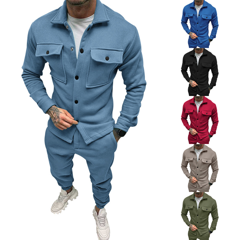 Men's clothing button suede casual jacket pants 2-piece set