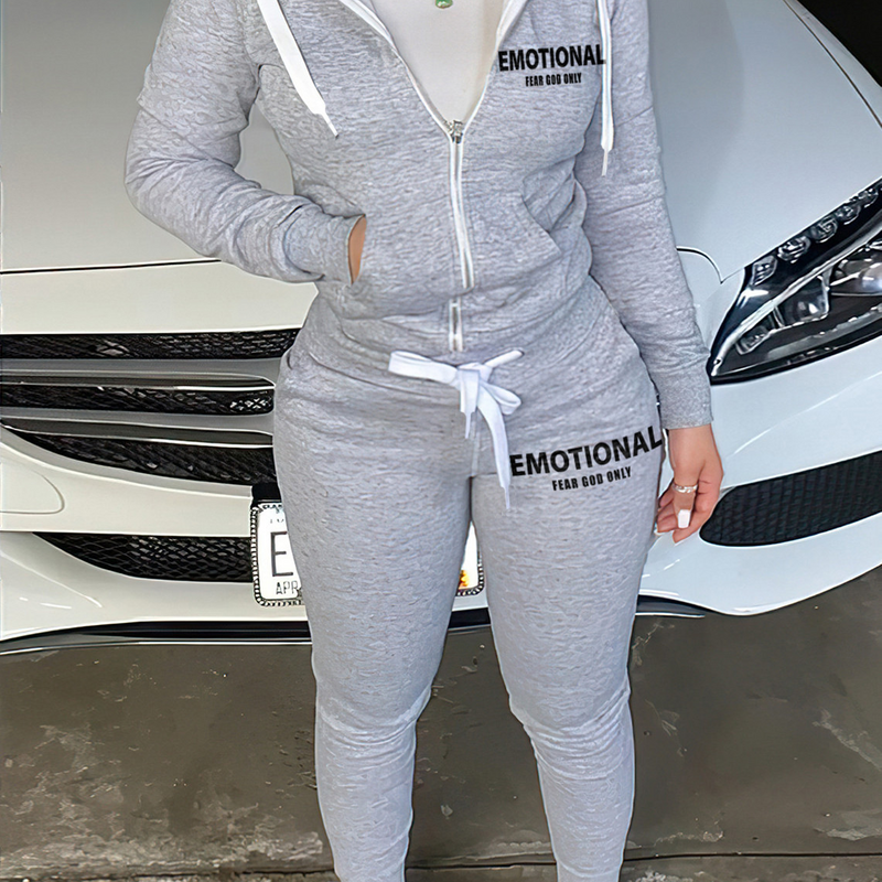 Women's clothing Large Size Autumn and Winter Fat Woman Women's Clothing Independent Station Zipper Printed Two-piece Set Hoodie