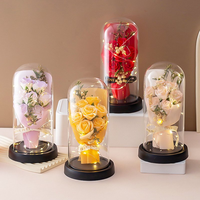 Unisex creative gift soap rose home decoration luminous glass cover Valentine's Day Christmas decoration gift