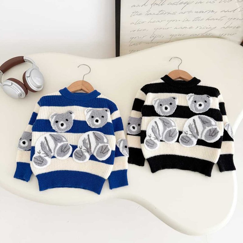 Warm Kids Winter Sweater Set - Thick Long Sleeve Round Neck Pullover For Boys & Girls - Cozy Casual Outfit (Blue, Black)