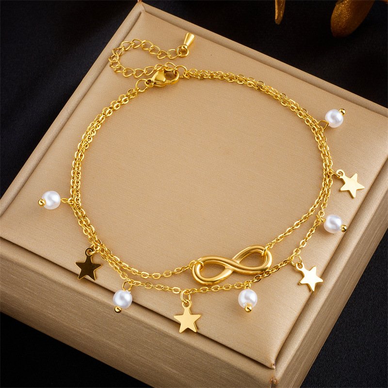 European and American popular fashion retro beach style multi-layer stacking personality tassel 8-shaped five-pointed star pendant metal anklet