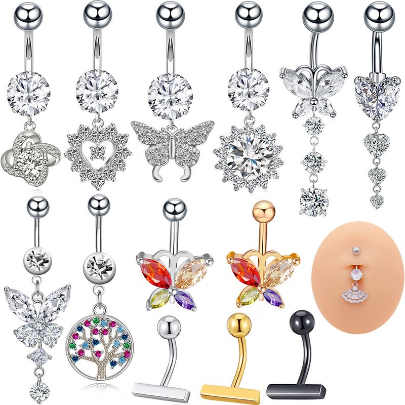 Hot selling stainless steel nail AAA zircon butterfly pendant ring navel buckle body piercing accessory