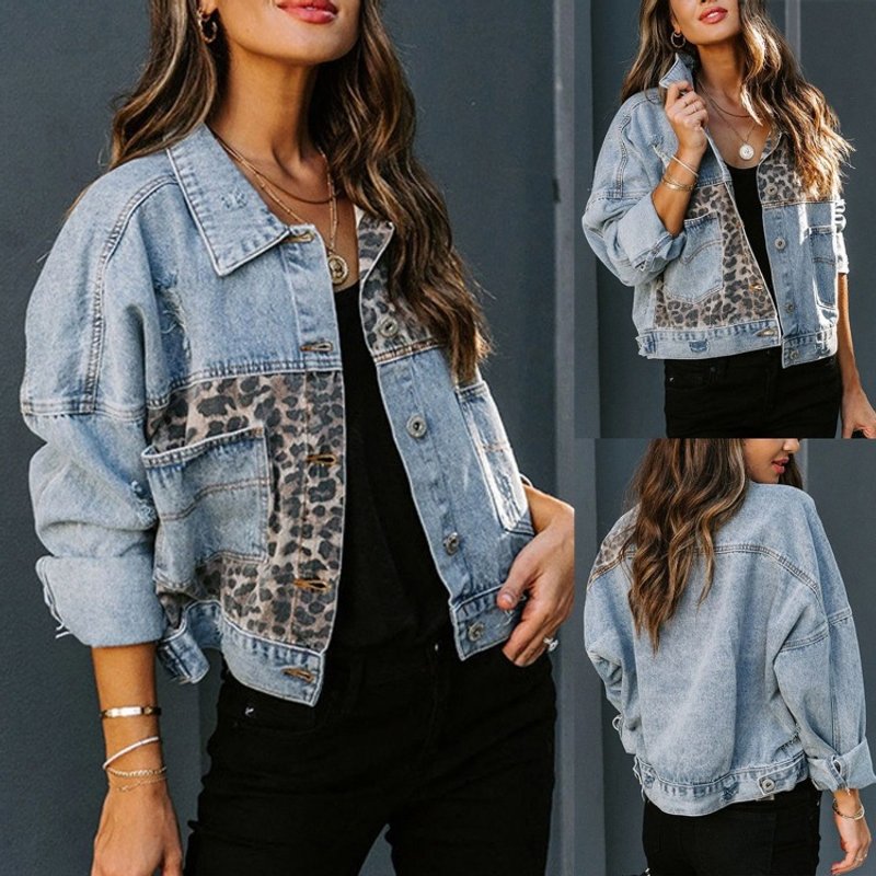 Women's leopard print patchwork ripped denim top casual jacket