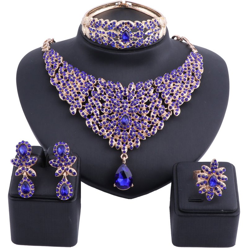Women Statement Necklace Earrings Bangle Ring Set Crystal Rhinestones Luxury Bride Wedding Jewelry sets