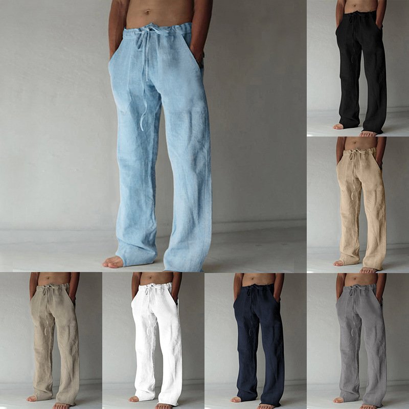Men's Clothing Trousers Casual Cotton Linen Solid Color Thin Section Loose Linen Elastic Waist Tie Rope Men's Trousers