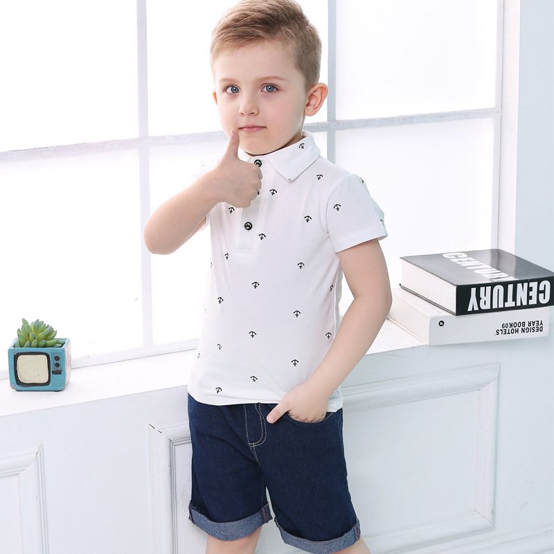 Mother&Kids Children's summer boys polo shirt printed short-sleeved lapel T-shirt two-color denim shorts casual suit