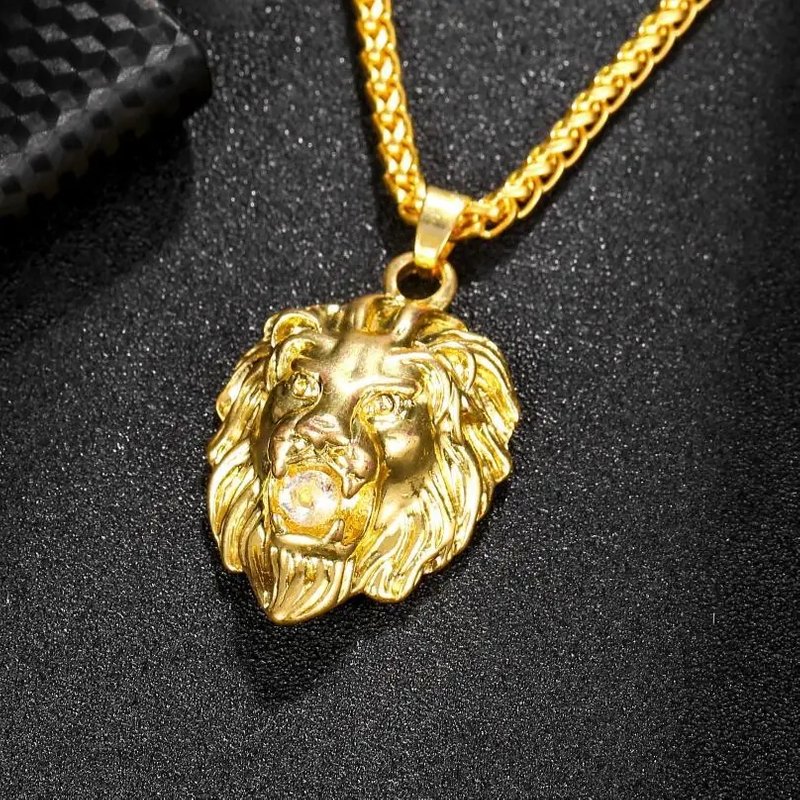 Fashion Hip Hop 3D Gold Plated Lion Head With Crystal Bead Pendant Necklace For Men Animal Jewelry