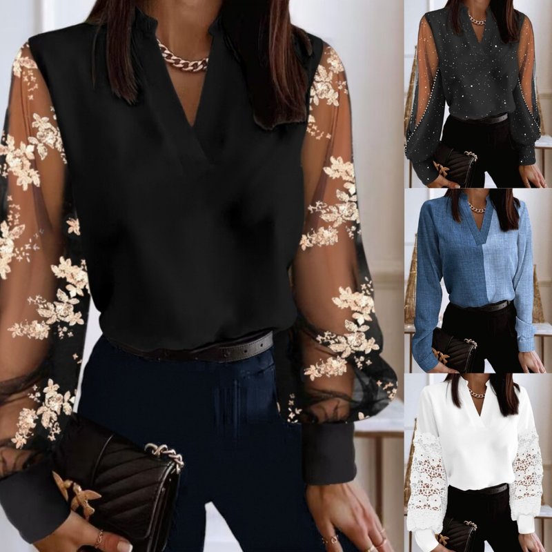 Women's Fashion V-neck Lace Long-sleeved Shirt Shirt
