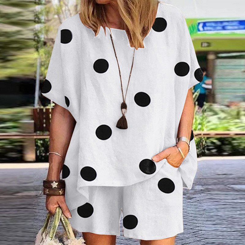 women's clothing =polka dot print round neck loose short sleeve shorts two-piece suit