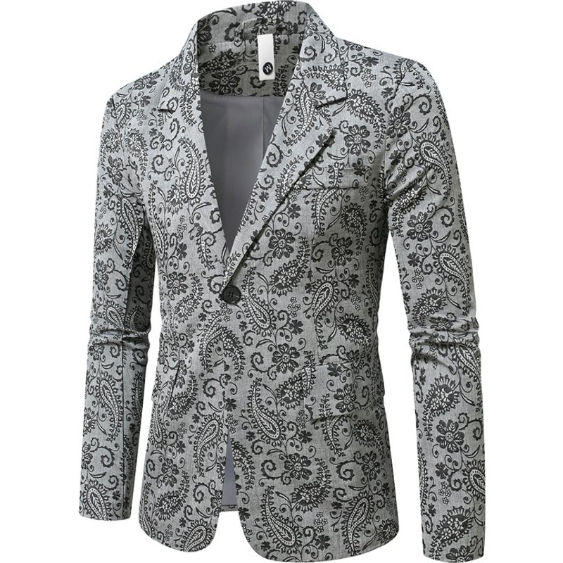 Men's Slim-Fit Printed Blazer – Cashew & Floral British Style Suit Jacket, Wrinkle-Resistant Cotton Blend (M-5XL)