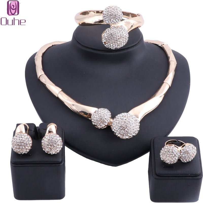 Dubai Gold Color Crystal Necklace Earring Women Costumer Nigerian Wedding Fashion African Beads Jewelry Set