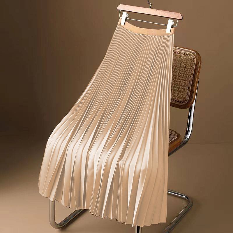 Women's Clothing Satin High-grade Solid Color Pleated Skirt Thin Mid-length Over-the-knee High-waist A-line Skirt