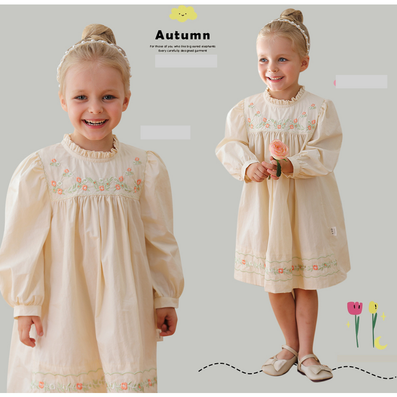 Mother & Kids Korean children's clothing flower embroidery puff sleeve girls dress 2024 autumn style stand collar lace long sleeve children's skirt