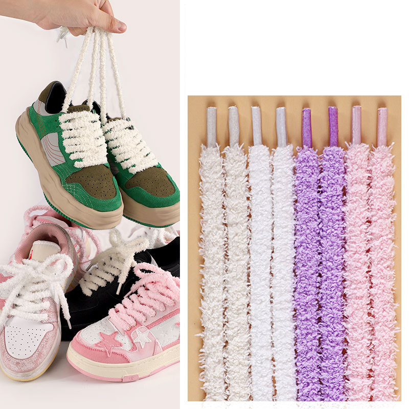 Plush Shoelaces One Canvas Shoes White Beige Bold Round Retro Shoelaces A Pair