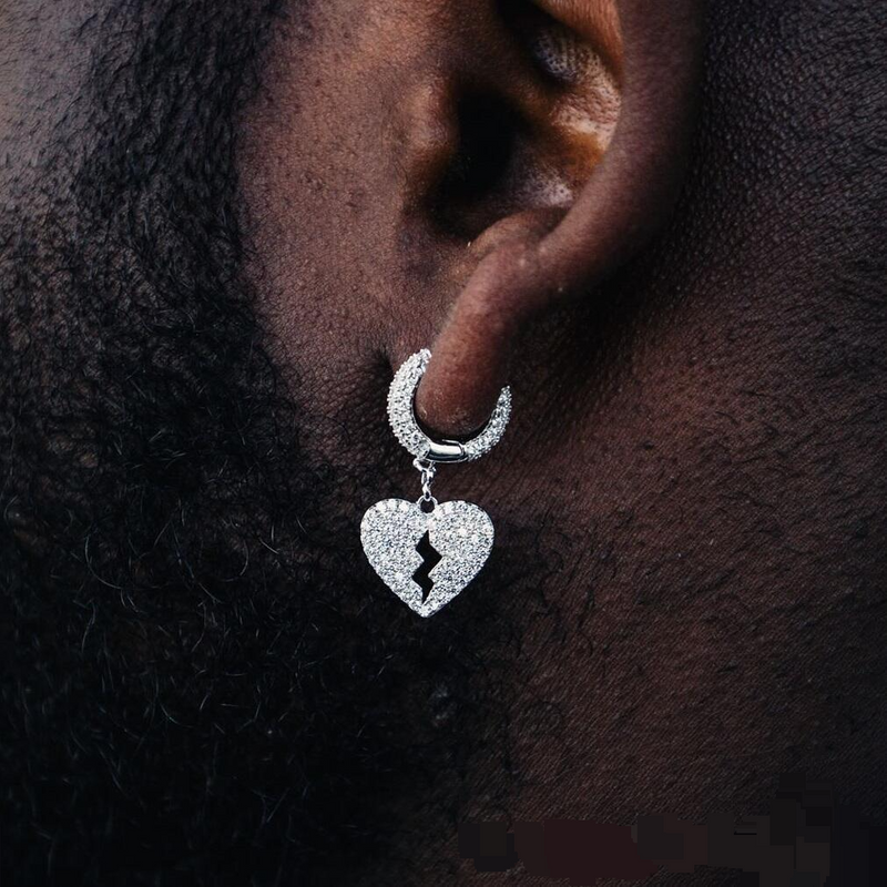 Personality Heart Breaking Love Heart Inlaid With Tassel Diamond Zircon Earrings Fashionable Hip Hop Men's Earrings