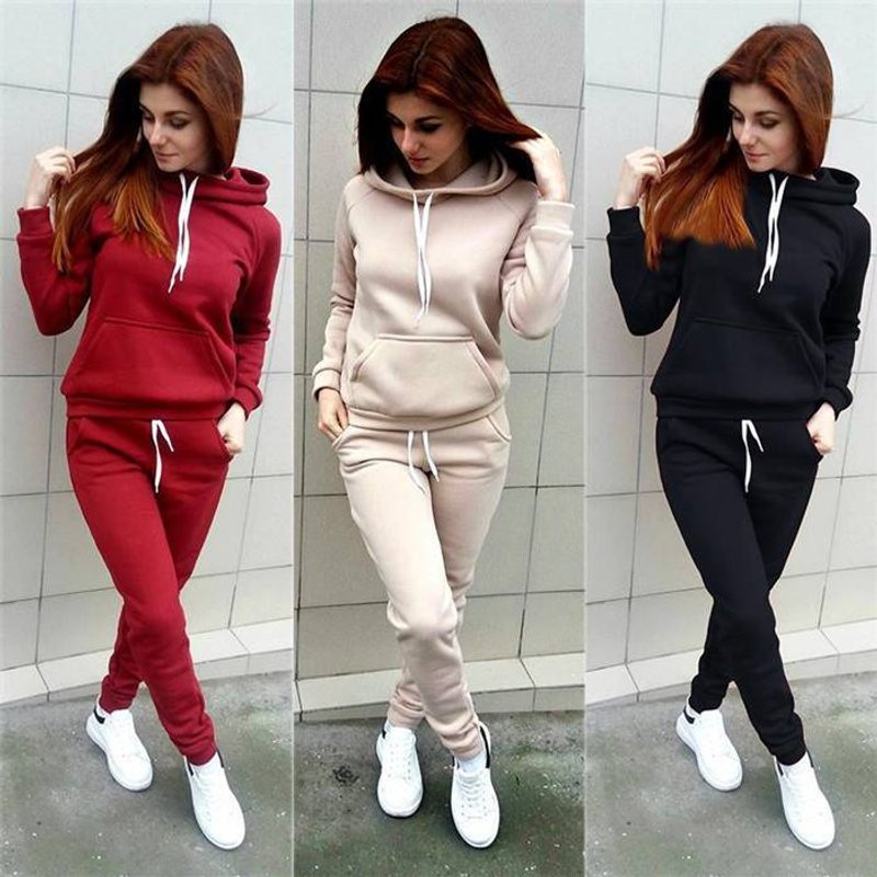 Solid Women Tracksuit Casual Hoodies Sweatshirt Pant Set Lounge Wear Sport Suit 2PCS Autumn Winter Clothes